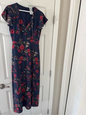 Sadie & Sage Navy Midi Dress with Red Floral Print